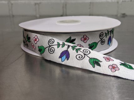 25 MM Jacquard Braid Floral Ribbon -White