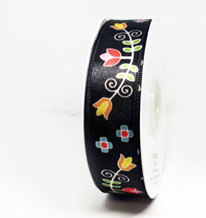 Black - Floral Print Ribbon - 25 mm