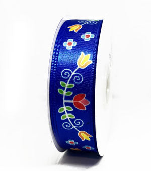 Royal Blue - Floral Print Ribbon - 25 mm