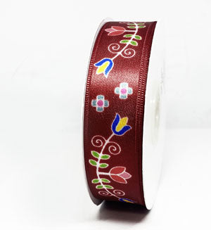 Burgundy - Floral Print Ribbon - 25 mm